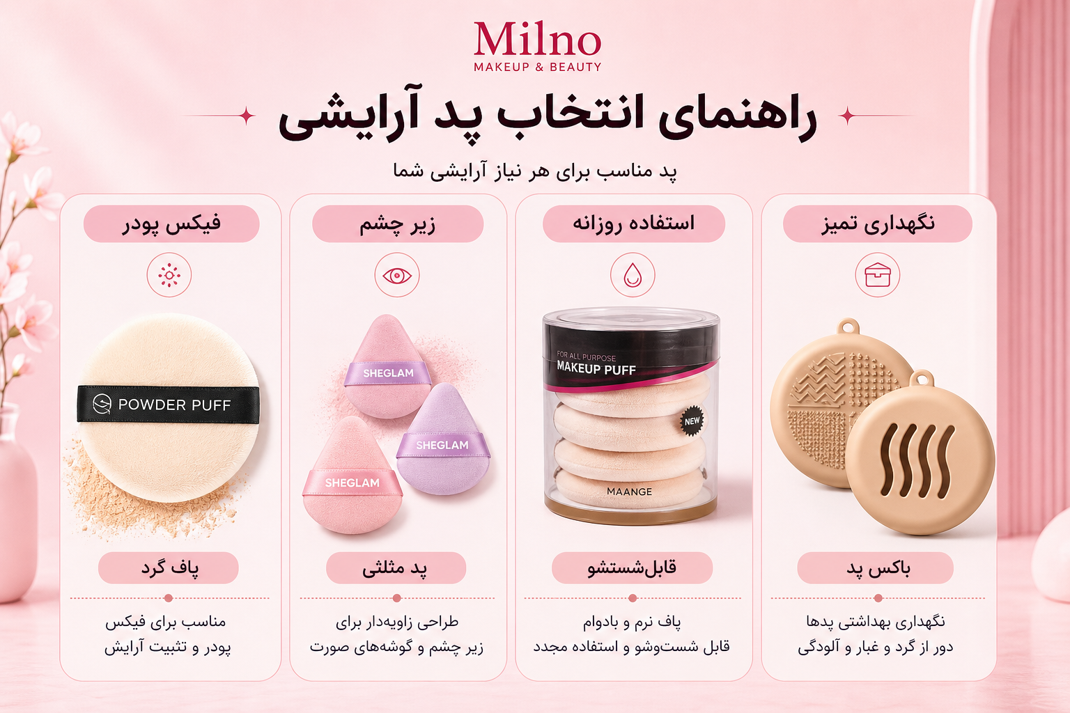 راهنمای انتخاب پد آرایشی برای فیکس پودر، زیر چشم، استفاده روزانه و نگهداری تمیز