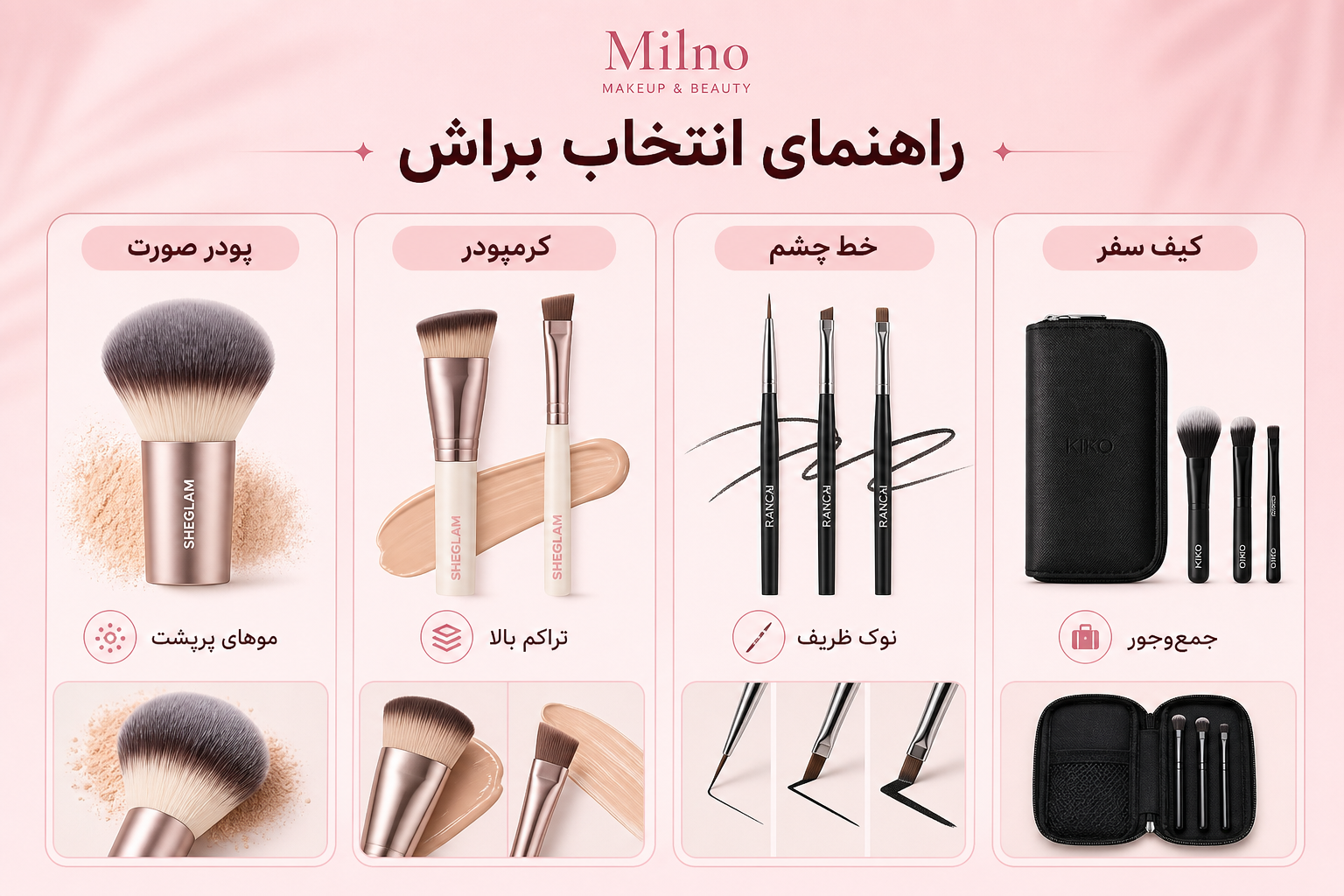 راهنمای انتخاب براش آرایشی برای پودر صورت، کرمپودر، خط چشم و کیف سفر