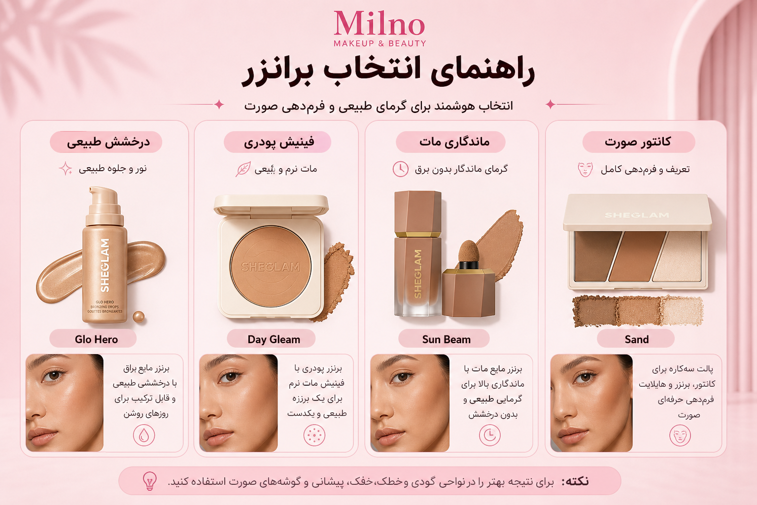 راهنمای انتخاب برانزر شیگلم برای درخشش طبیعی، فینیش پودری، ماندگاری مات و کانتور صورت