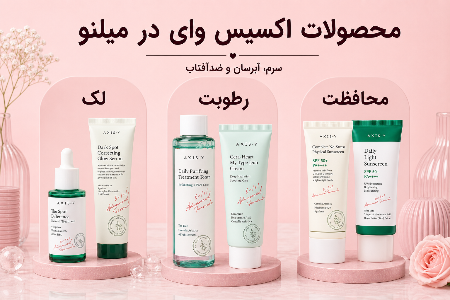 خانواده محصولات اکسیس وای در میلنو شامل سرم، کرم و محصولات مراقبت پوست کره ای