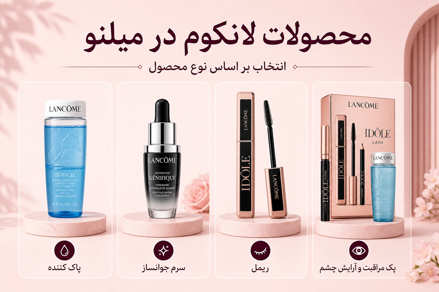 خانواده محصولات لانکوم در میلنو شامل ریمل، کرم پودر، سرم و محصولات لوکس