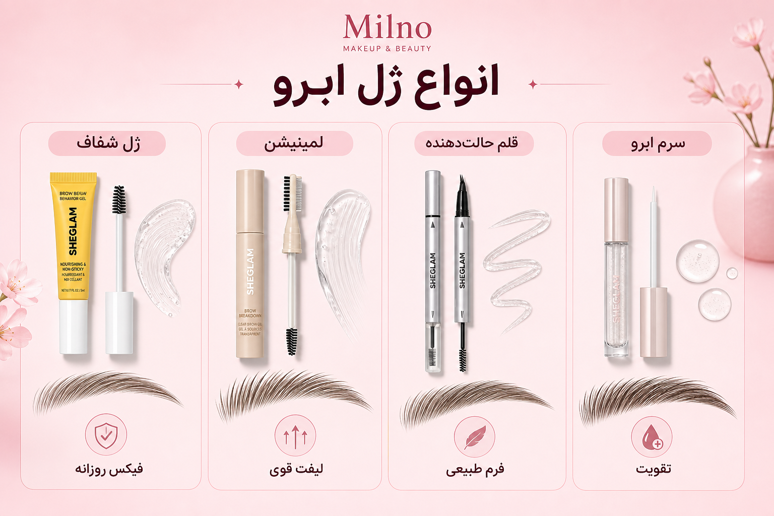 انواع ژل ابرو شیگلم شامل ژل شفاف، لمینیشن، قلم حالتدهنده و سرم ابرو