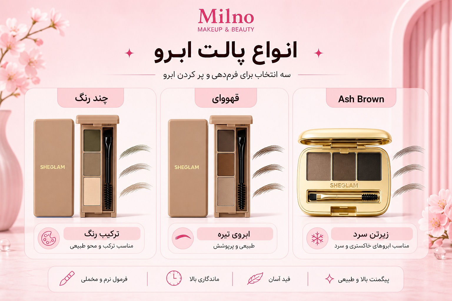 انواع پالت سایه ابرو شیگلم شامل Puff Brow چندرنگ، قهوه‌ای و Ash Brown واقعی