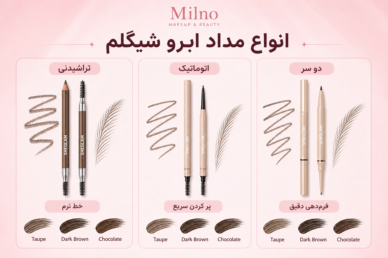 انواع مداد ابرو شیگلم شامل مدل تراشیدنی، اتوماتیک و دو سر واقعی