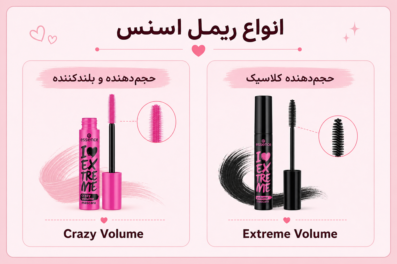 انواع ریمل اسنس شامل Crazy Volume صورتی و Extreme Volume مشکی
