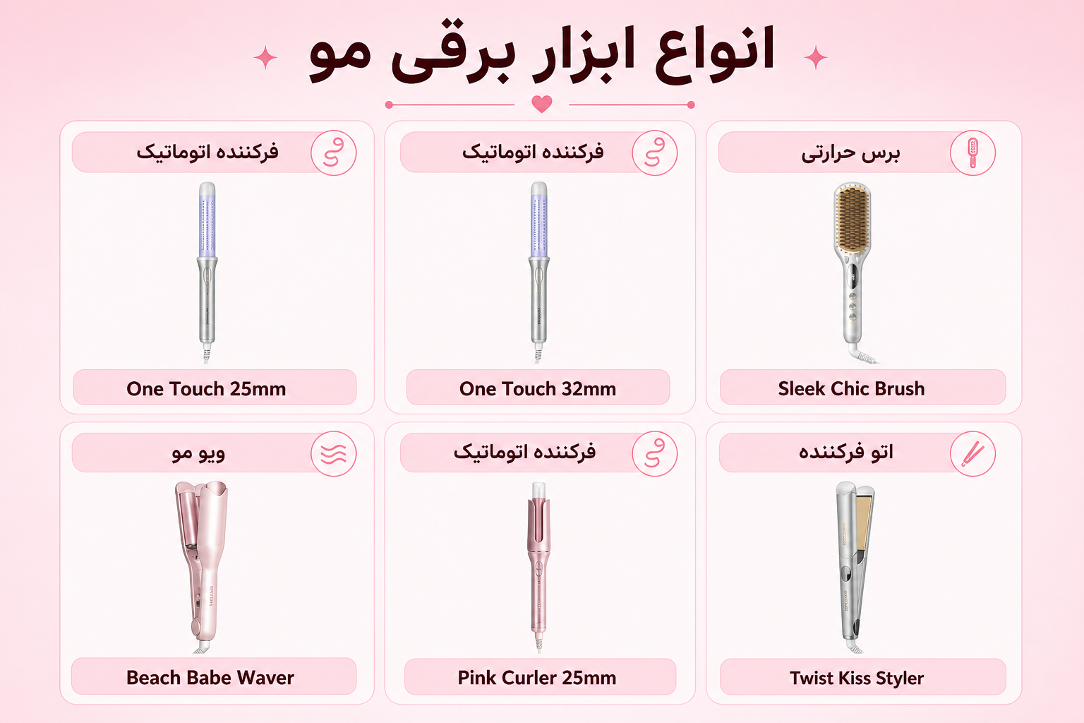 انواع ابزار برقی مو شیگلم شامل فرکننده، برس حرارتی، ویو مو و اتو فرکننده