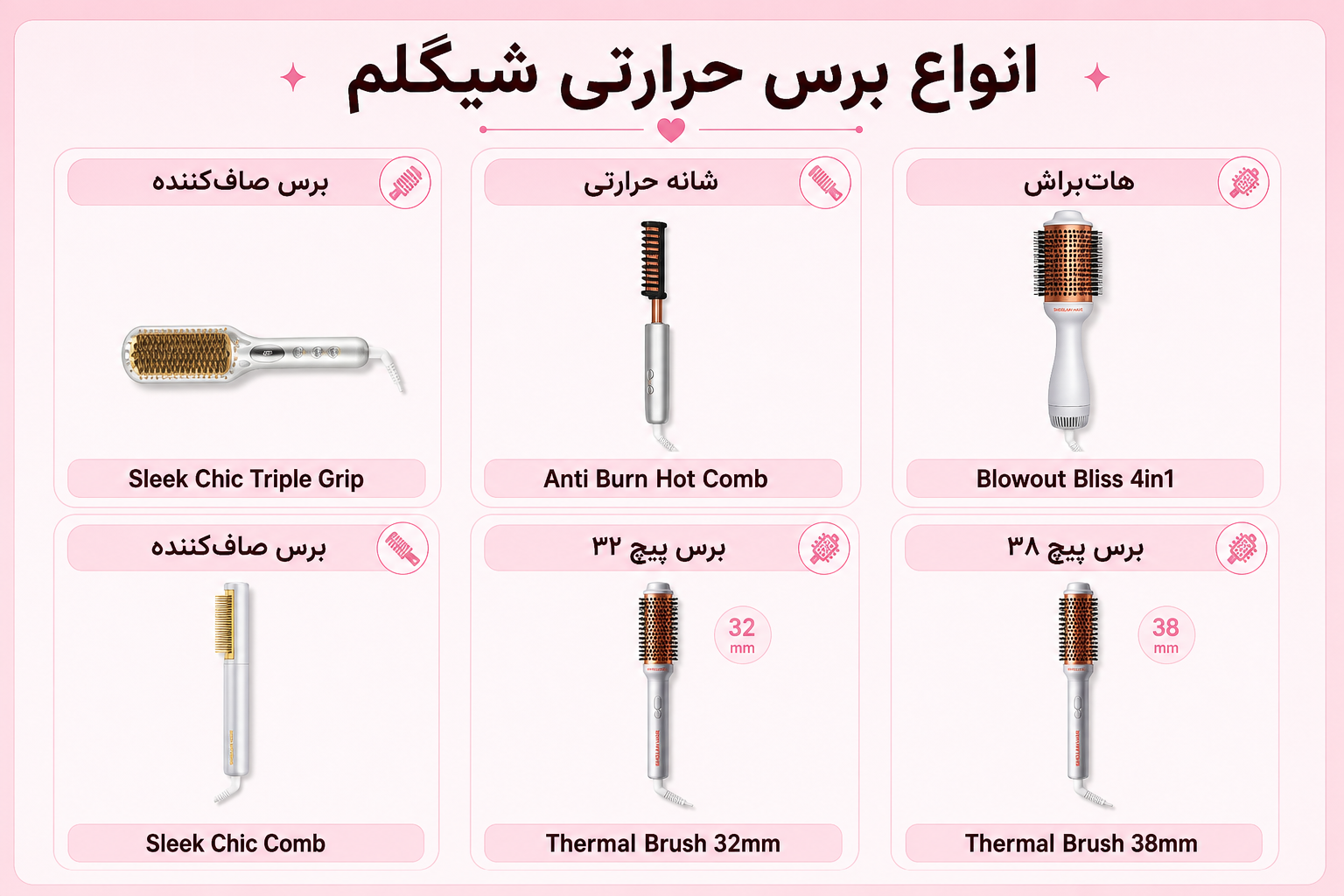انواع برس حرارتی شیگلم شامل برس صاف‌کننده، شانه حرارتی، هات‌براش و برس پیچ حرارتی
